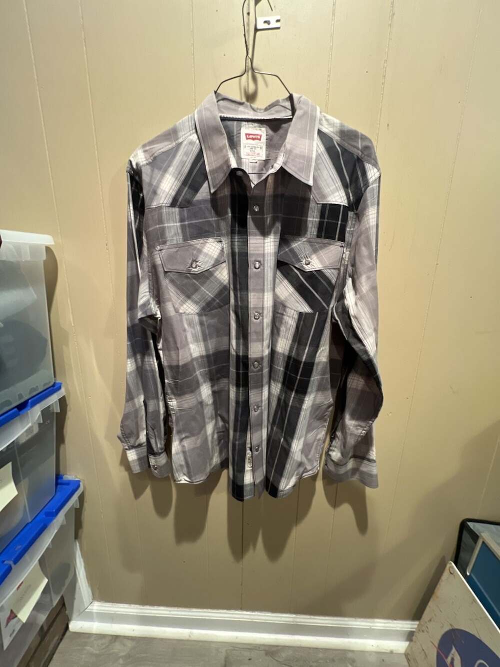 Levi's Men's Modern Western Long Sleeve Gray Plaid Pearl Snap Shirt